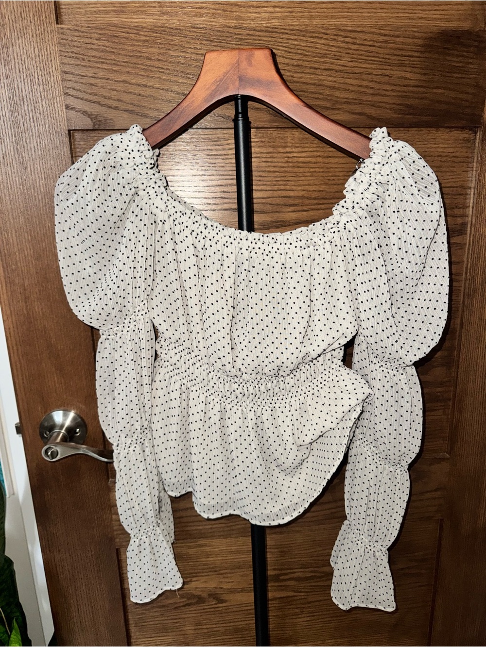 Express Cream Off-Shoulder Polka Dot Peplum Top